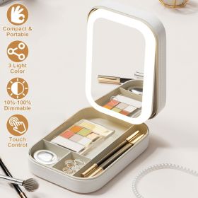 1Pc Portable Travel Makeup Bag With LED Mirror Rechargeable Beauty Mirror With 3 Color Light Dimmable Brightness Waterproof Cosmetic Bag With 4 C (Option: White)